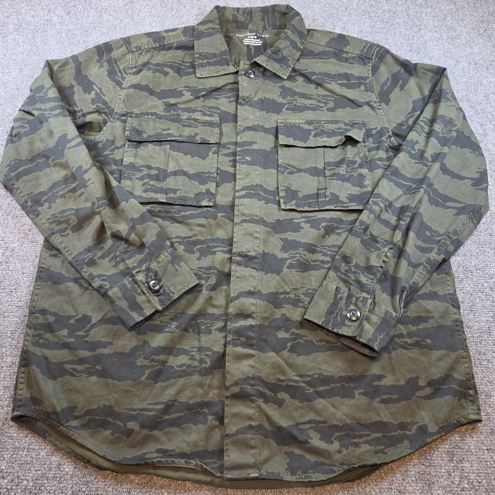 American Eagle Button Up Shirt Men Large Green Tiger Stripe Camo Long Sleeve L